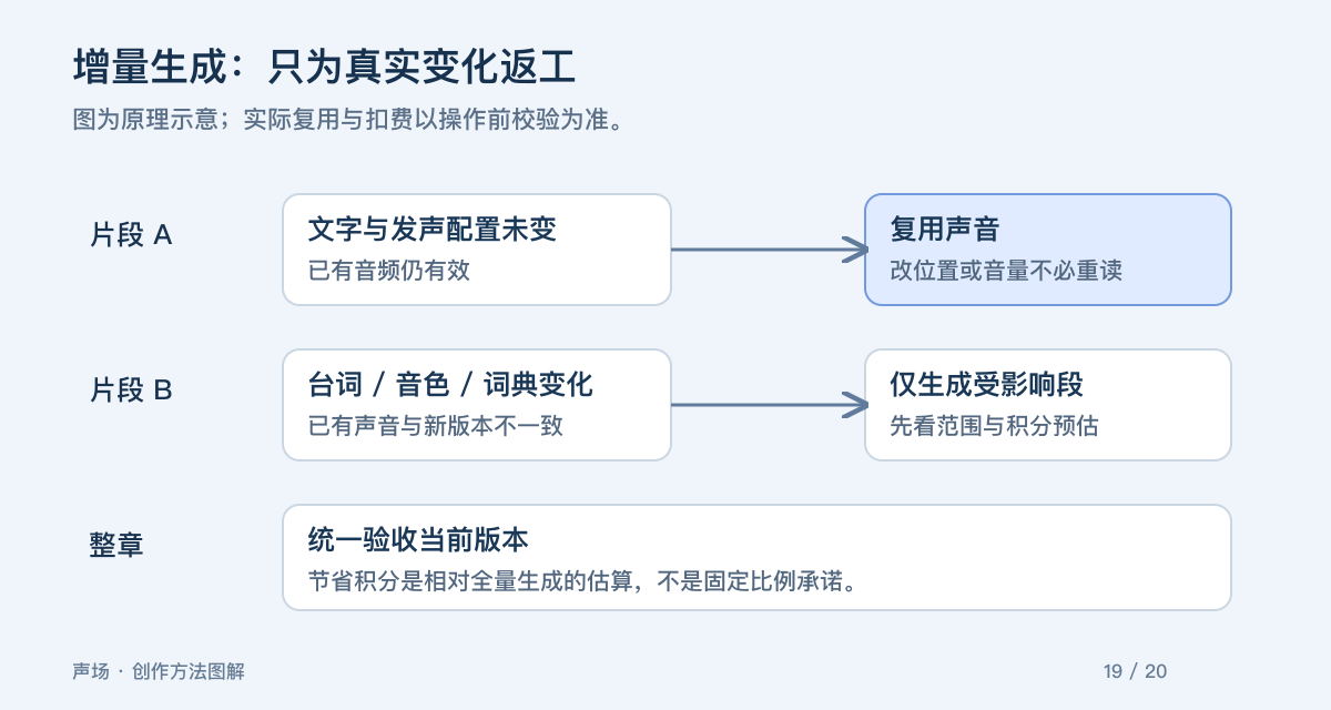 增量生成：只为真实变化返工。图为原理示意；实际复用与扣费以操作前校验为准。