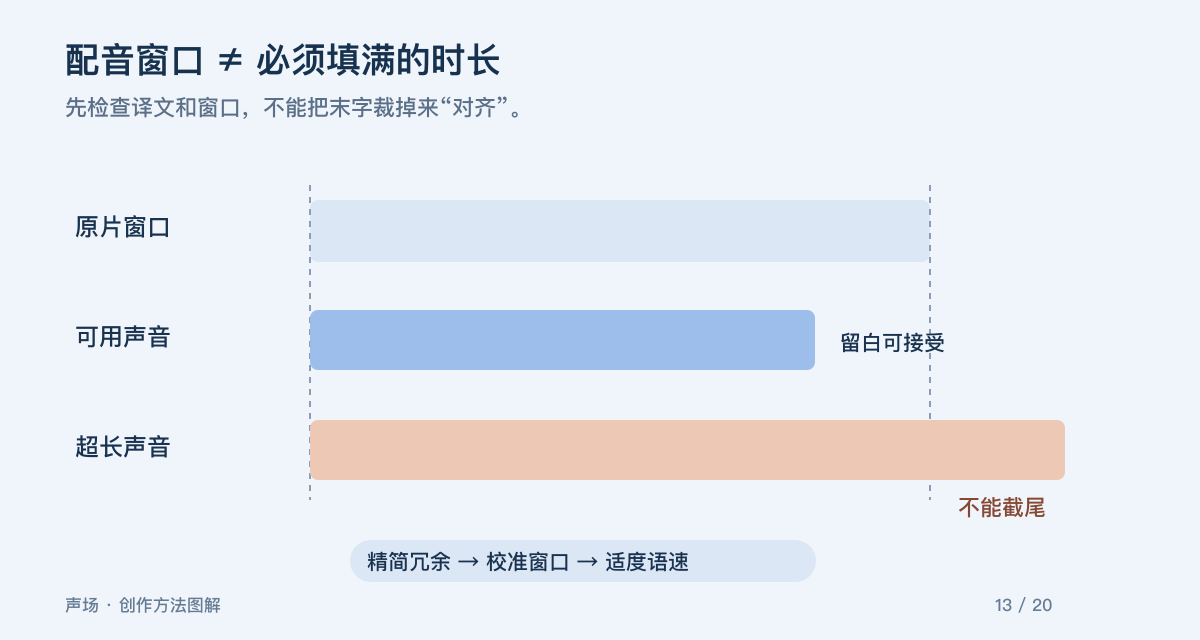 配音窗口 ≠ 必须填满的时长。先检查译文和窗口，不能把末字裁掉来“对齐”。